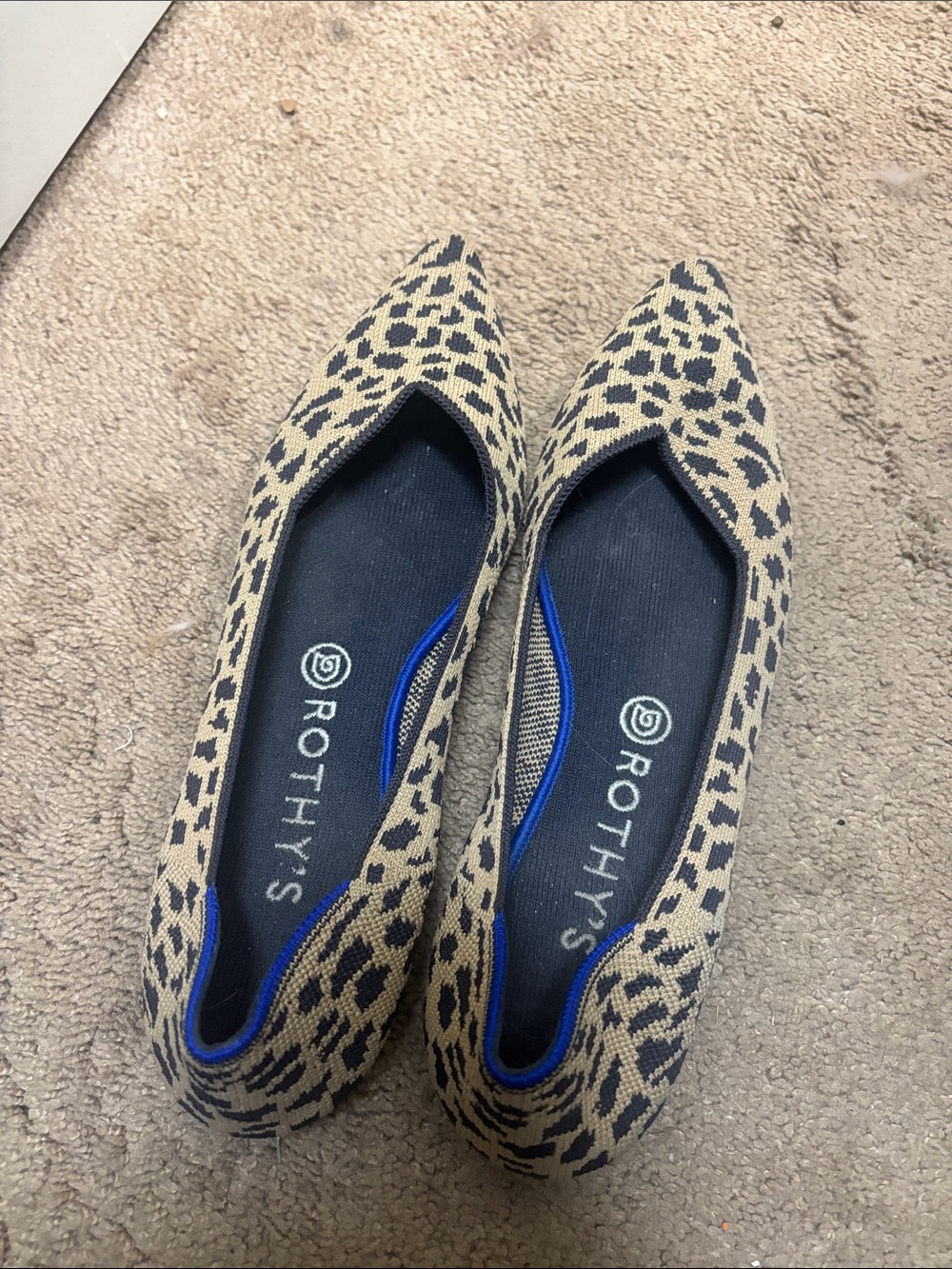 Rothy's Leopard Knit Pointed Flats in Tan and Black